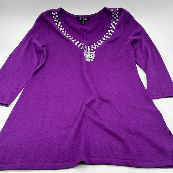 Iman Sz XS Sweater Top Tunic Rhinestone Jewel Beads Cashmere Blend - Picture 1 of 10